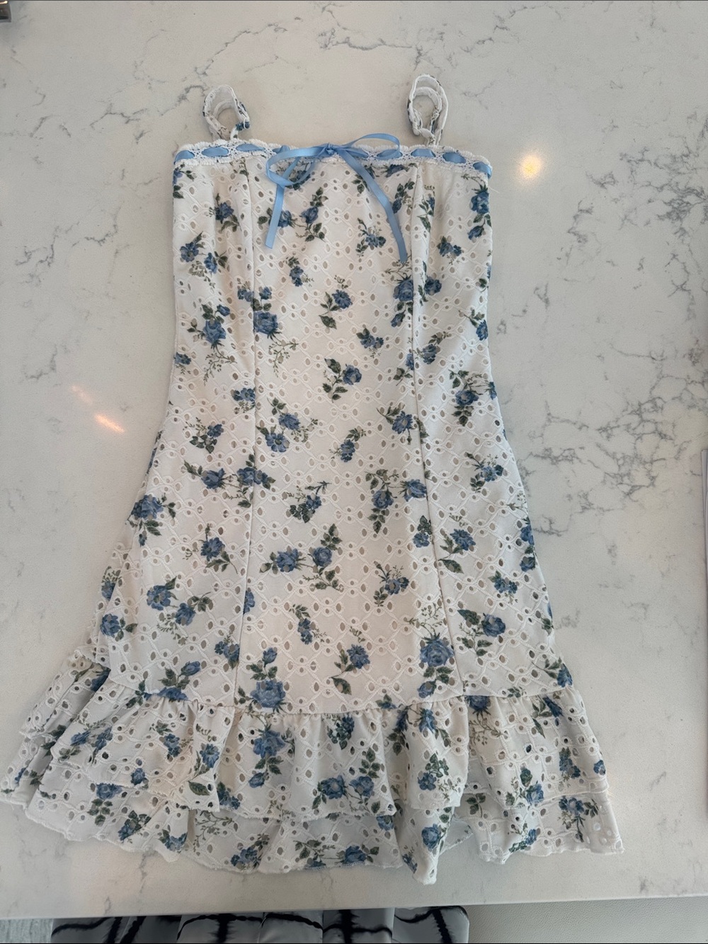 Altar'd State White Eyelet Dress with Blue Floral Accents